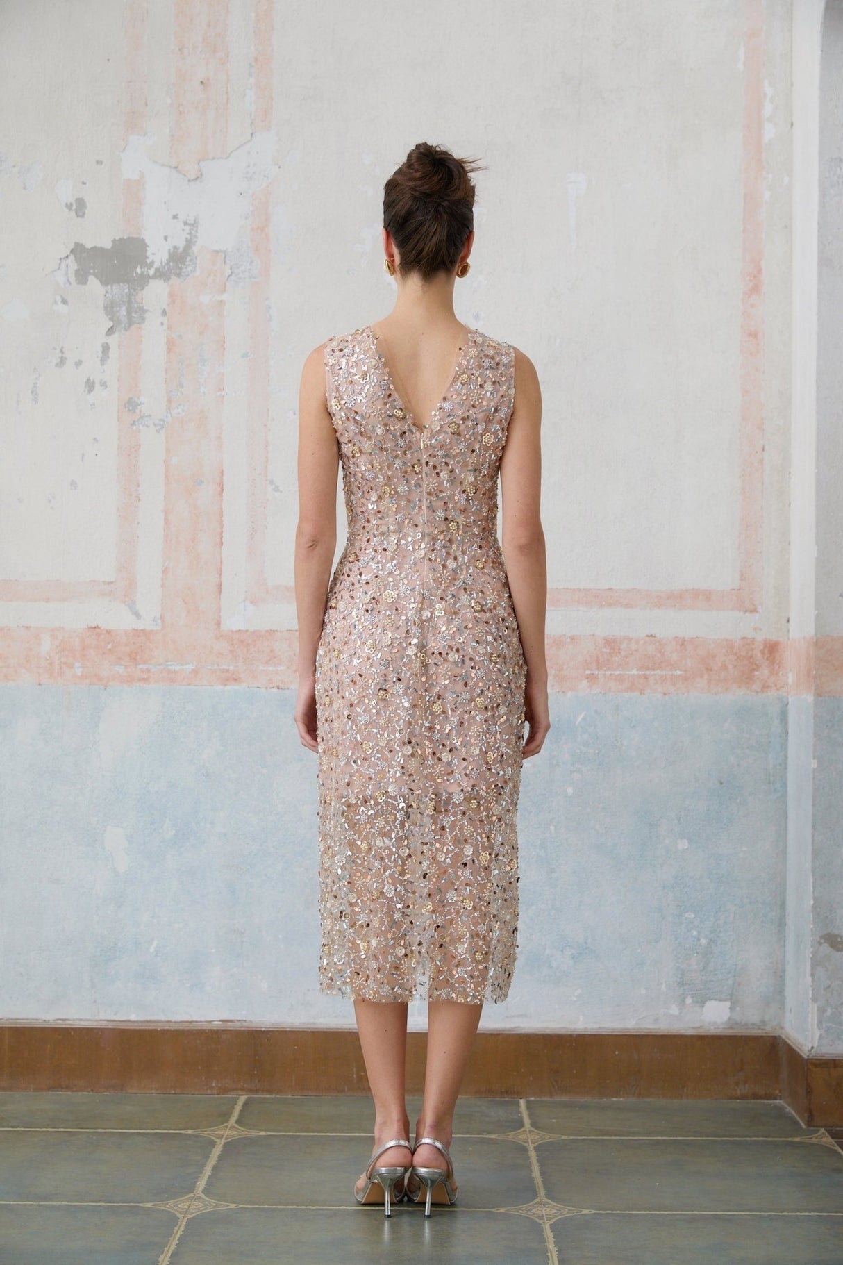 Alessia Midi Dress - V - neck Design - Sequin & Bead Embellishments - Fitted Silhouette - Elegant Flower Motif