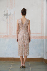 Alessia Midi Dress - V - neck Design - Sequin & Bead Embellishments - Fitted Silhouette - Elegant Flower Motif