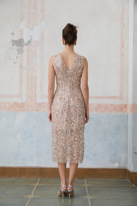 Alessia Midi Dress - V - neck Design - Sequin & Bead Embellishments - Fitted Silhouette - Elegant Flower Motif