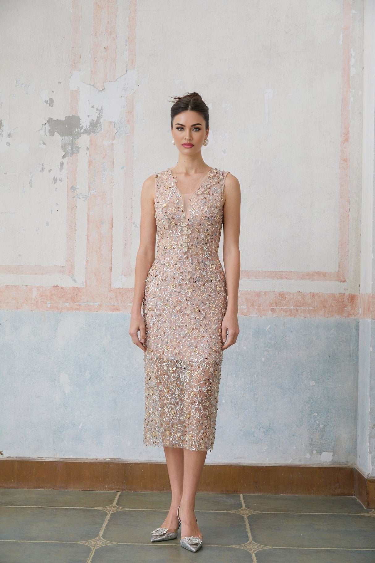 Alessia Midi Dress - V - neck Design - Sequin & Bead Embellishments - Fitted Silhouette - Elegant Flower Motif