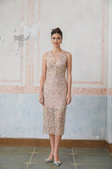 Alessia Midi Dress - V - neck Design - Sequin & Bead Embellishments - Fitted Silhouette - Elegant Flower Motif