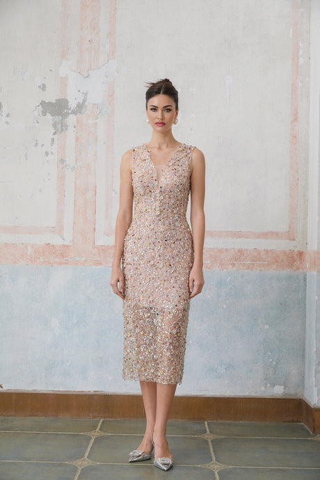 Alessia Midi Dress - V - neck Design - Sequin & Bead Embellishments - Fitted Silhouette - Elegant Flower Motif