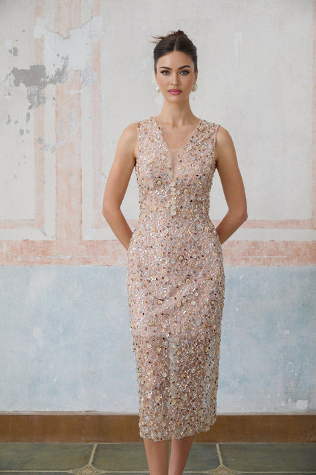 Alessia Midi Dress - V - neck Design - Sequin & Bead Embellishments - Fitted Silhouette - Elegant Flower Motif