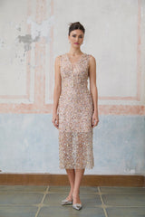 Alessia Midi Dress - V - neck Design - Sequin & Bead Embellishments - Fitted Silhouette - Elegant Flower Motif