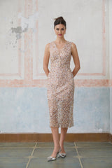 Alessia Midi Dress - V - neck Design - Sequin & Bead Embellishments - Fitted Silhouette - Elegant Flower Motif