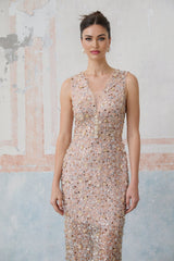 Alessia Midi Dress - V - neck Design - Sequin & Bead Embellishments - Fitted Silhouette - Elegant Flower Motif