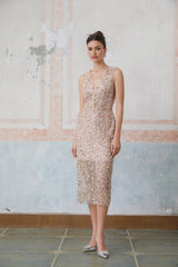 Alessia Midi Dress - V - neck Design - Sequin & Bead Embellishments - Fitted Silhouette - Elegant Flower Motif