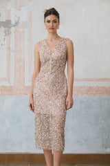 Alessia Midi Dress - V - neck Design - Sequin & Bead Embellishments - Fitted Silhouette - Elegant Flower Motif