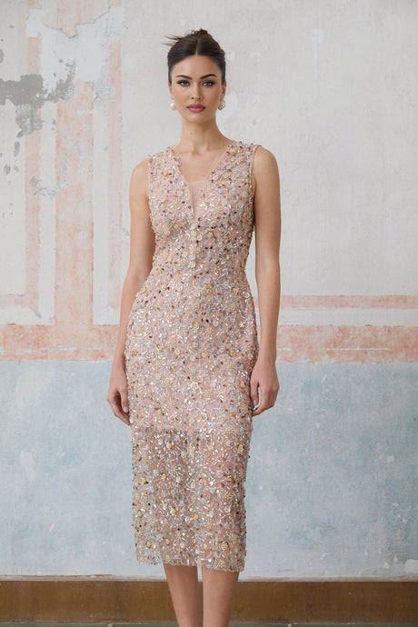 Alessia Midi Dress - V - neck Design - Sequin & Bead Embellishments - Fitted Silhouette - Elegant Flower Motif