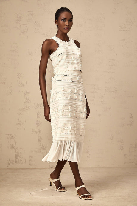 Alessia Skirt & Top Set - Sleeveless Open Back Top - Ruffled Hem - Fitted Pleated Skirt - Knitted Construction