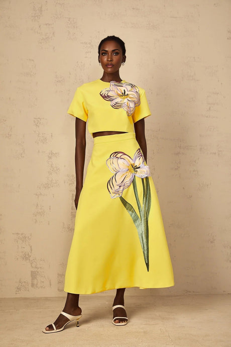 Alexa Floral Appliqué Top & Skirt Set in Yellow