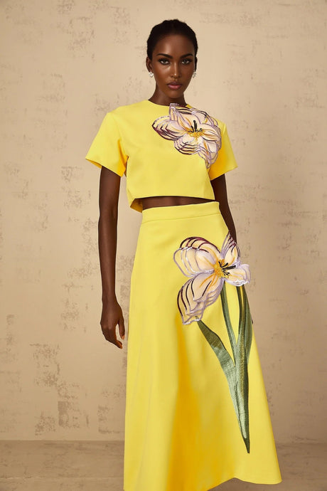 Alexa Floral Appliqué Top & Skirt Set in Yellow