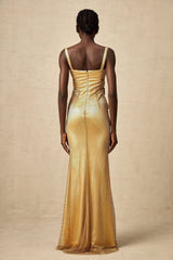 Alexa Maxi Dress - Sleeveless with Spaghetti Straps - Bustier Style with Cut - Out Design - Crystal and Faux - Flower Embellishment - Rear Zip and Mermaid Hem
