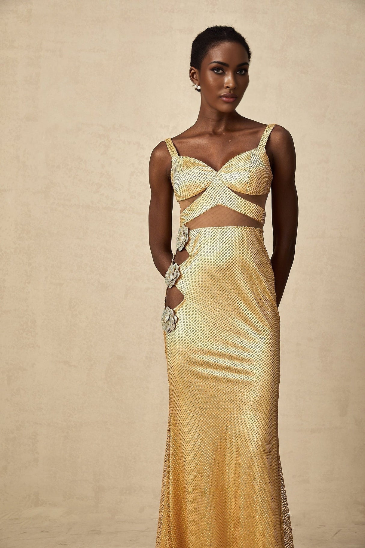 Alexa Maxi Dress - Sleeveless with Spaghetti Straps - Bustier Style with Cut - Out Design - Crystal and Faux - Flower Embellishment - Rear Zip and Mermaid Hem