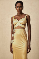 Alexa Maxi Dress - Sleeveless with Spaghetti Straps - Bustier Style with Cut - Out Design - Crystal and Faux - Flower Embellishment - Rear Zip and Mermaid Hem
