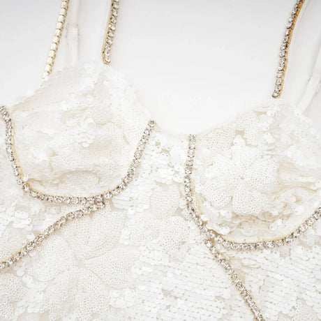 Alexa Mini Dress - Spaghetti Strap Sweetheart Bustier Crystal Sequin Faux - Flower Thigh - Length Zip Detail