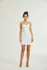 Alexa Mini Dress - Spaghetti Strap Sweetheart Bustier Crystal Sequin Faux - Flower Thigh - Length Zip Detail