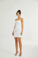 Alexa Mini Dress - Spaghetti Strap Sweetheart Bustier Crystal Sequin Faux - Flower Thigh - Length Zip Detail