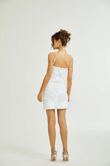 Alexa Mini Dress - Spaghetti Strap Sweetheart Bustier Crystal Sequin Faux - Flower Thigh - Length Zip Detail