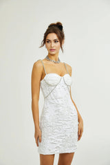 Alexa Mini Dress - Spaghetti Strap Sweetheart Bustier Crystal Sequin Faux - Flower Thigh - Length Zip Detail