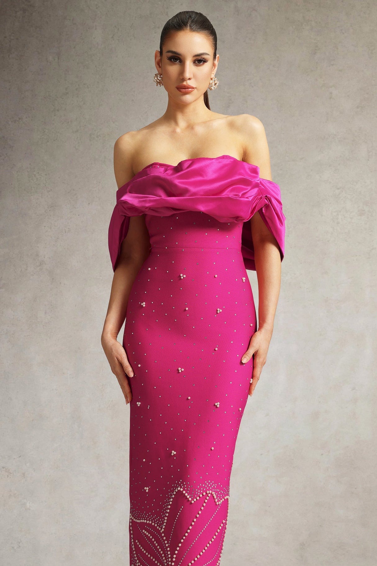 Alexa Pink Off-Shoulder Rhinestone Evening Dress