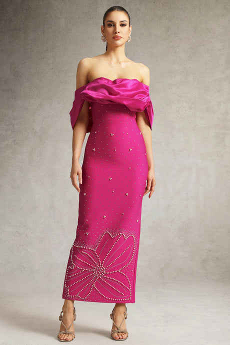 Alexa Pink Rhinestone Off-Shoulder Bodycon Dress