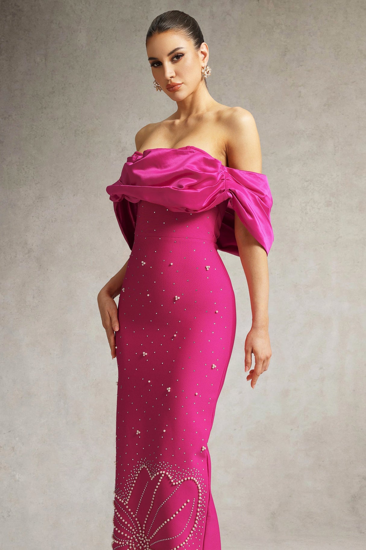 Alexa Pink Rhinestone Off-Shoulder Bodycon Dress