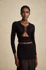 Alexa Top - V - Neck Open Front Long Sleeve Pleated Boned Stylish Blouse