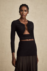 Alexa Top - V - Neck Open Front Long Sleeve Pleated Boned Stylish Blouse