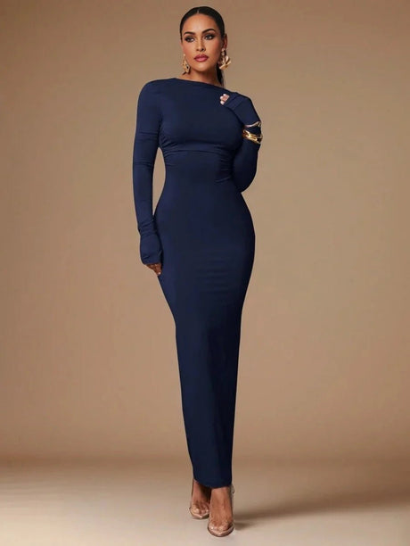 Alexandra Maxi Dress - Boat Neckline - Pencil Hem - High Waist - Backless