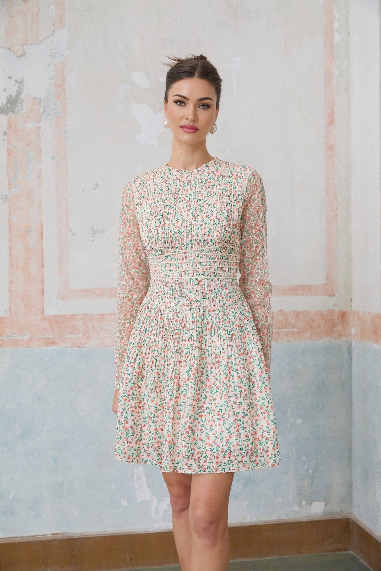 Alexandra Mini Dress - Floral - Long Sleeves - Cinched Waist - Flounce Hem