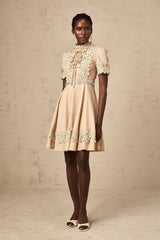 Alexandra Mini Dress - Mock Neck - Corded Lace Detailing - Flared Skirt - Lace - Up Fastening - Button Fastening