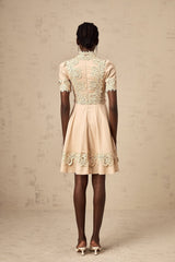 Alexandra Mini Dress - Mock Neck - Corded Lace Detailing - Flared Skirt - Lace - Up Fastening - Button Fastening