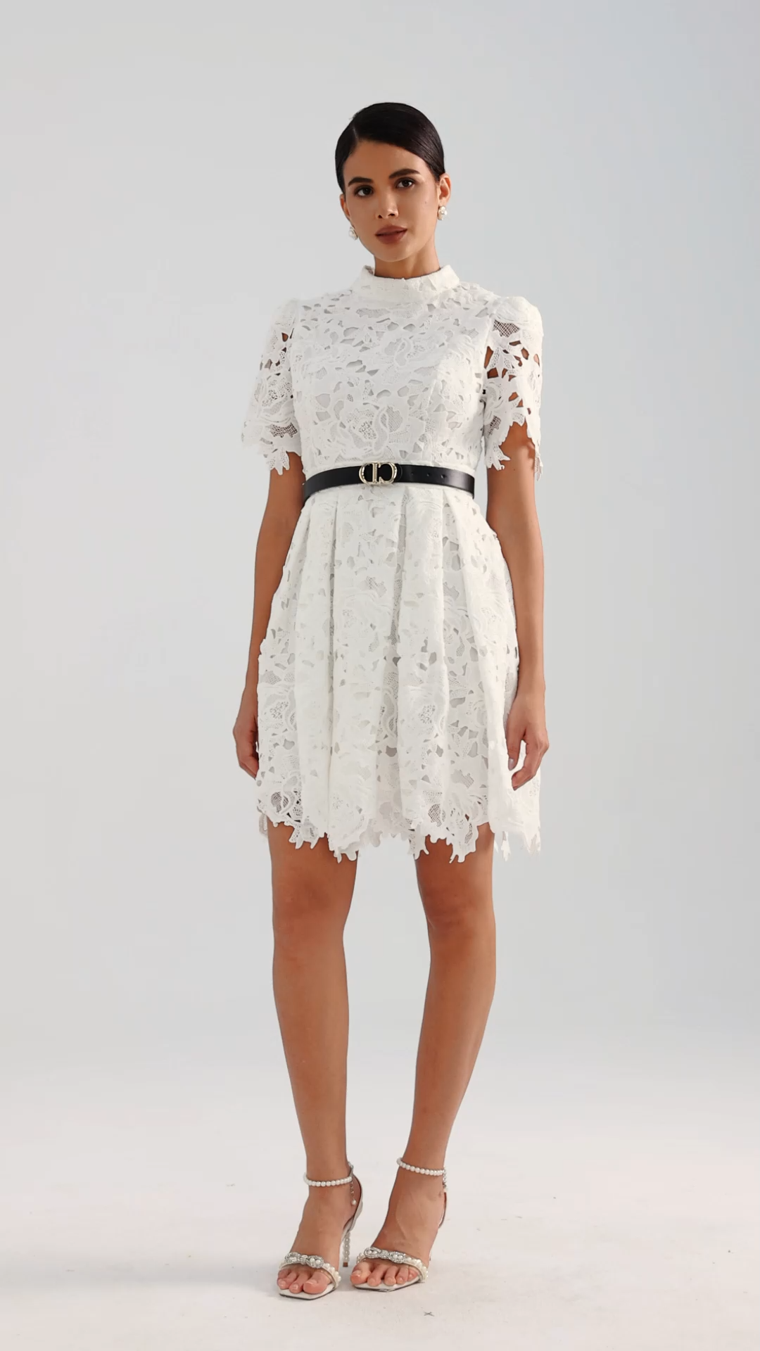 Alexandra White Lace High Neckline Dress with Puffed Sleeves and Cinched Waist