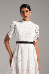 Alexandra White Lace High Neck Dress with Puffed Sleeves and Belt