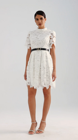 Alexandra White Lace High Neckline Dress Puffed Sleeves Belted Cinched Waist