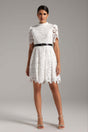Alexandra White Lace High Neckline Dress with Puffed Sleeves and Belt
