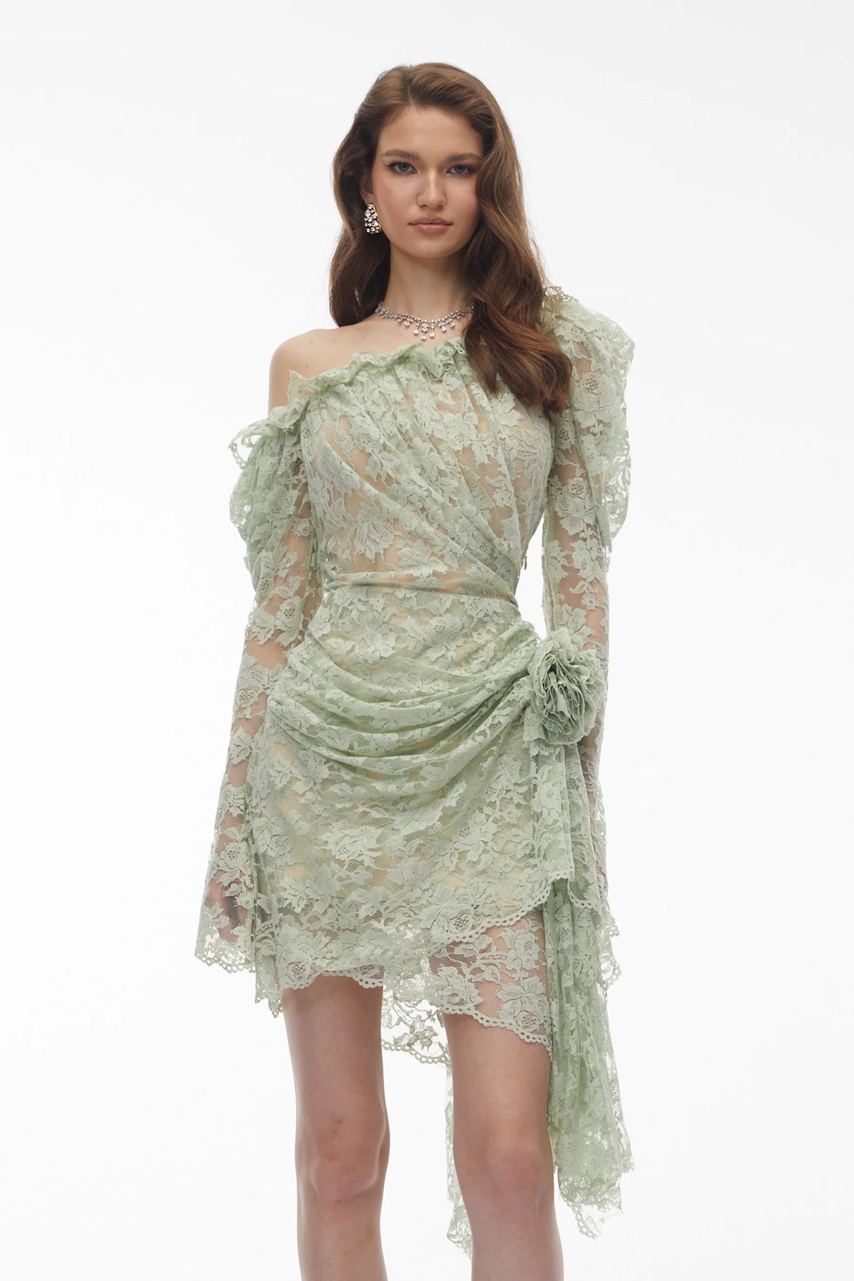 Alexis Sage Green SemiSheer Floral Lace Mini Dress