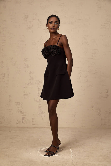 Alfreda Floral Appliqué Mini Dress - Spaghetti Straps - Cinched Waist - Flared Skirt - Rear Zip Fastening