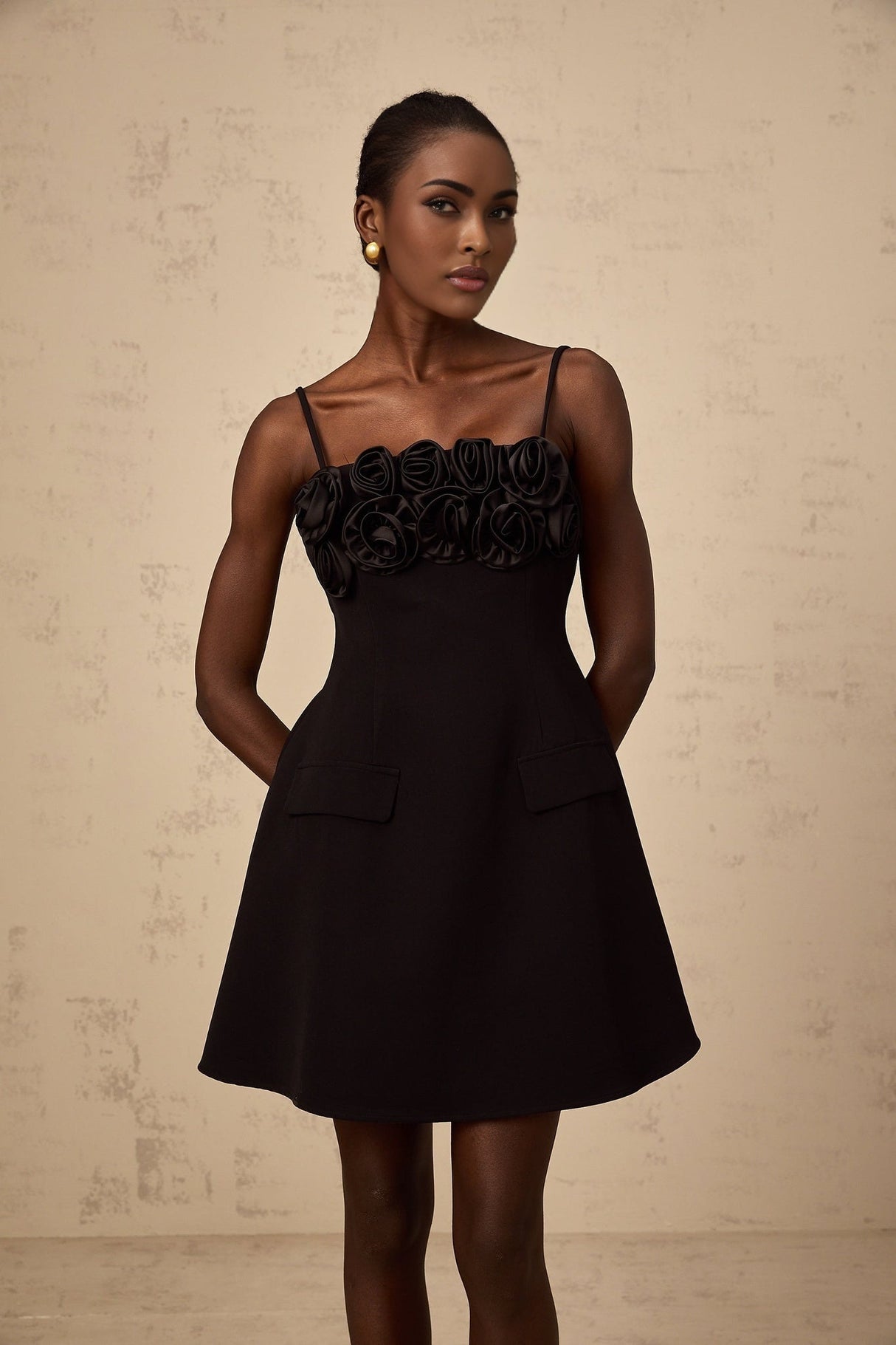 Alfreda Floral Appliqué Mini Dress - Spaghetti Straps - Cinched Waist - Flared Skirt - Rear Zip Fastening