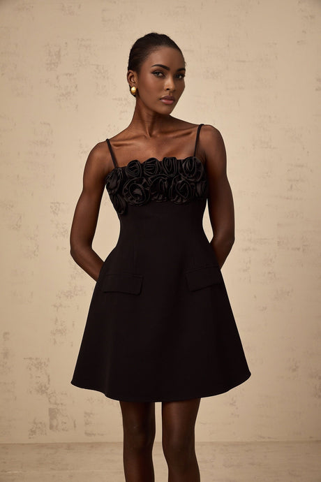 Alfreda Floral Appliqué Mini Dress - Spaghetti Straps - Cinched Waist - Flared Skirt - Rear Zip Fastening