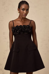 Alfreda Floral Appliqué Mini Dress - Spaghetti Straps - Cinched Waist - Flared Skirt - Rear Zip Fastening