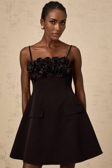 Alfreda Floral Appliqué Mini Dress - Spaghetti Straps - Cinched Waist - Flared Skirt - Rear Zip Fastening
