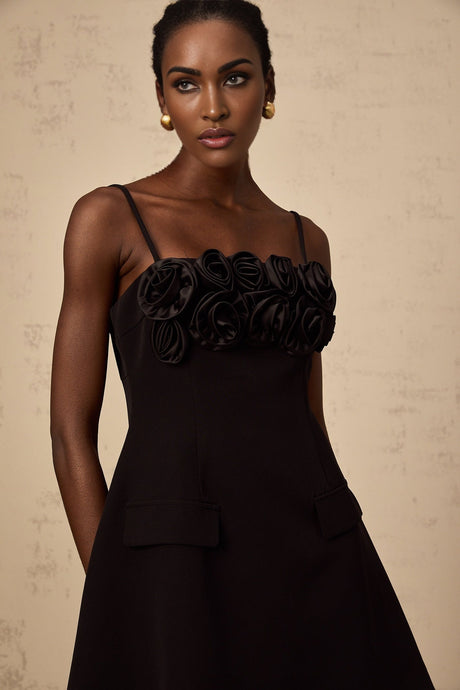 Alfreda Floral Appliqué Mini Dress - Spaghetti Straps - Cinched Waist - Flared Skirt - Rear Zip Fastening