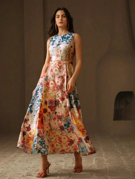 Alfreda Maxi Dress - Round Neck - High Waist - A Line - Boho Style - Floral Print