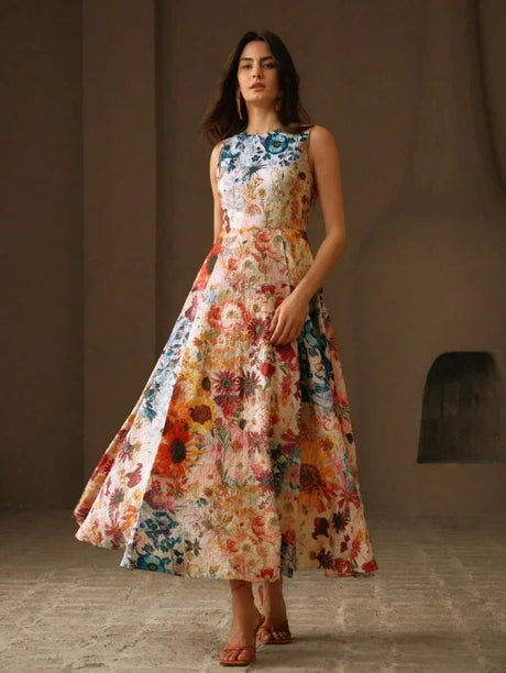Alfreda Maxi Dress - Round Neck - High Waist - A Line - Boho Style - Floral Print
