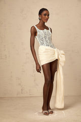 Alfreda Mini Dress – Sleeveless – Floral Lace Panelling – Oversize - Bow Embellishment