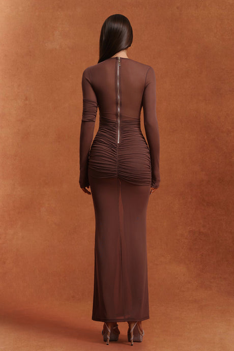 Alice Brown Maxi Dress Long Sleeve Ruched Detail Elegant Formal Evening Wear Lightweight Fabric
