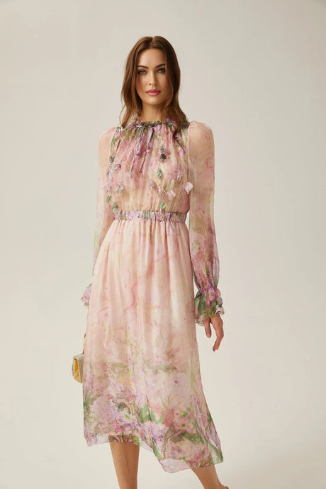 Alice Floral Midi Dress - Frilled Keyhole Neck - Long Puff Sleeves - Pleated Detailing - Semi - Sheer Construction