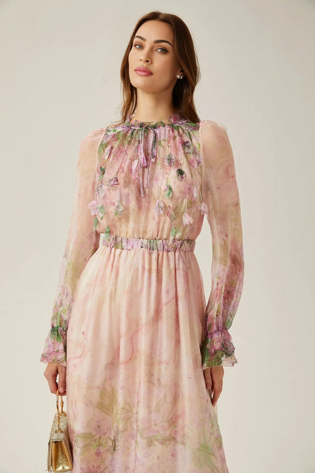 Alice Floral Midi Dress - Frilled Keyhole Neck - Long Puff Sleeves - Pleated Detailing - Semi - Sheer Construction
